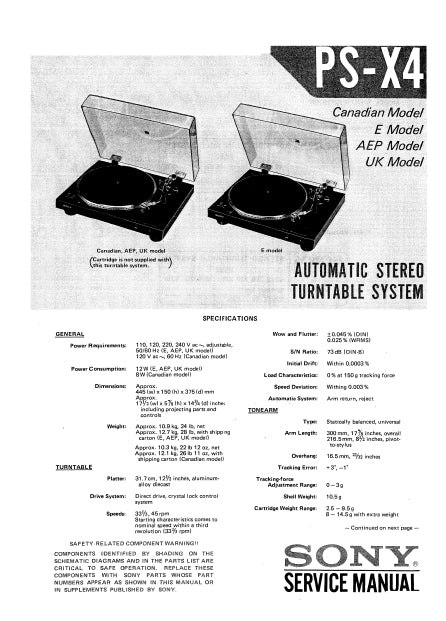 SONY PS-X4 SERVICE MANUAL IN ENGLISH AUTOMATIC STEREO TURNTABLE SYSTEM