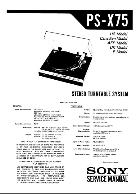 SONY PS-X75 SERVICE MANUAL IN ENGLISH STEREO TURNTABLE SYSTEM