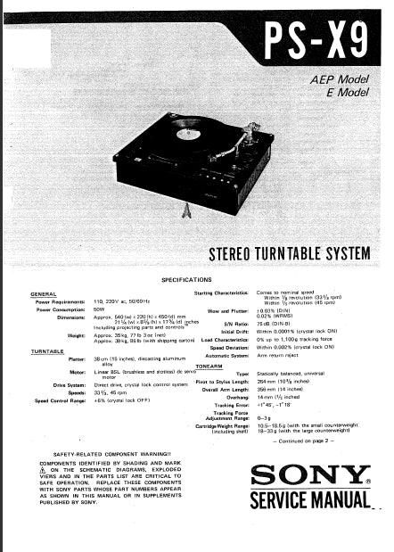 SONY PS-X9 SERVICE MANUAL IN ENGLISH STEREO TURNTABLE SYSTEM