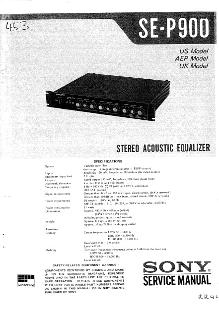 SONY SE-P900 SERVICE MANUAL IN ENGLISH STEREO ACOUSTIC EQUALIZER