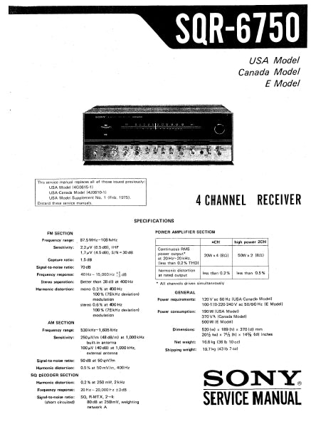 SONY SQR-6750 SERVICE MANUAL IN ENGLISH 4 CHANNEL RECEIVER