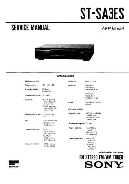 SONY ST-SA3ES SERVICE MANUAL IN ENGLISH FM STEREO FM AM TUNER