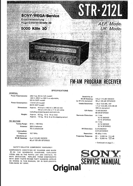 SONY STR-212L SERVICE MANUAL IN ENGLISH FM AM PROGRAM RECEIVER