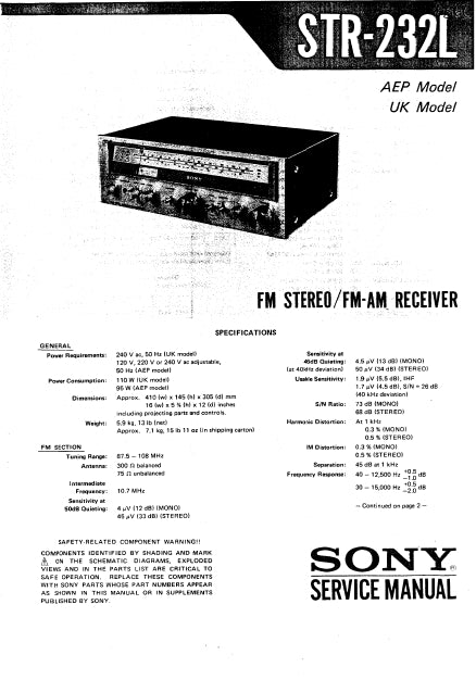 SONY STR-232L SERVICE MANUAL IN ENGLISH FM STEREO FM AM RECEIVER