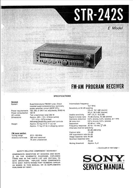 SONY STR-242S SERVICE MANUAL IN ENGLISH FM AM PROGRAM RECEIVER