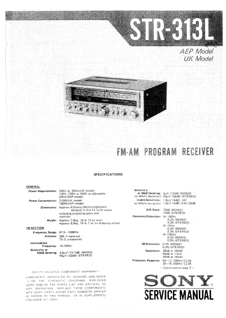 SONY STR-313L SERVICE MANUAL IN ENGLISH FM AM PROGRAM RECEIVER