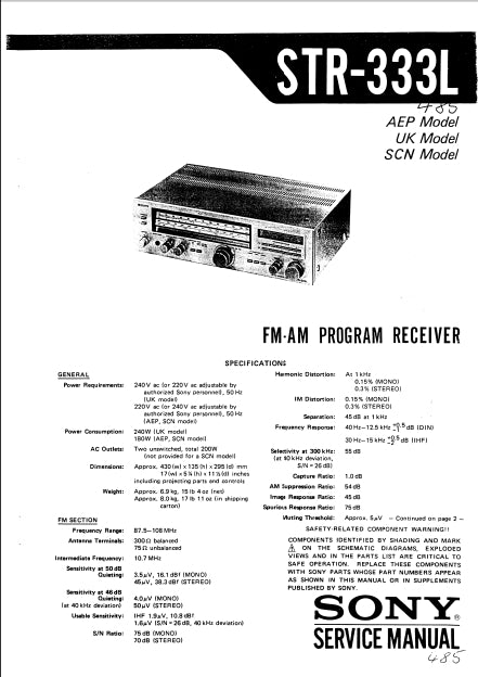 SONY STR-333L SERVICE MANUAL IN ENGLISH FM AM PROGRAM RECEIVER