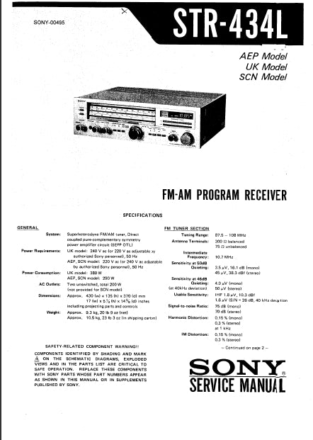 SONY STR-434L SERVICE MANUAL IN ENGLISH FM AM PROGRAM RECEIVER