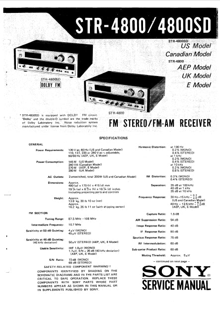 SONY STR-4800 STR-4800SD SERVICE MANUAL IN ENGLISH FM STEREO FM AM RECEIVER