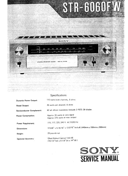 SONY STR-6060FW SERVICE MANUAL IN ENGLISH STEREO RECEIVER