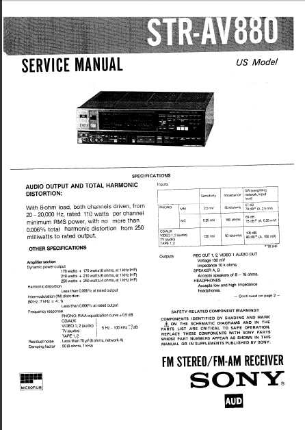 SONY STR-AV880 SERVICE MANUAL IN ENGLISH FM STEREO FM AM RECEIVER