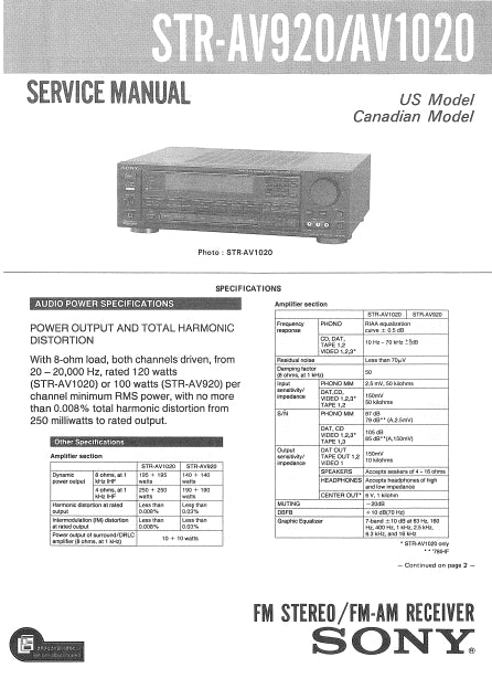 SONY STR-AV920 STR-AV1020 SERVICE MANUAL IN ENGLISH FM STEREO FM AM RECEIVER