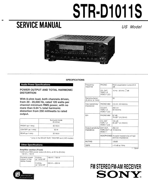 SONY STR-D1011S SERVICE MANUAL IN ENGLISH FM STEREO FM AM RECEIVER