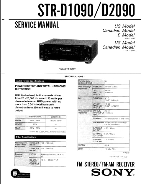 SONY STR-D1090 STR-D2090 SERVICE MANUAL IN ENGLISH FM STEREO FM AM RECEIVER