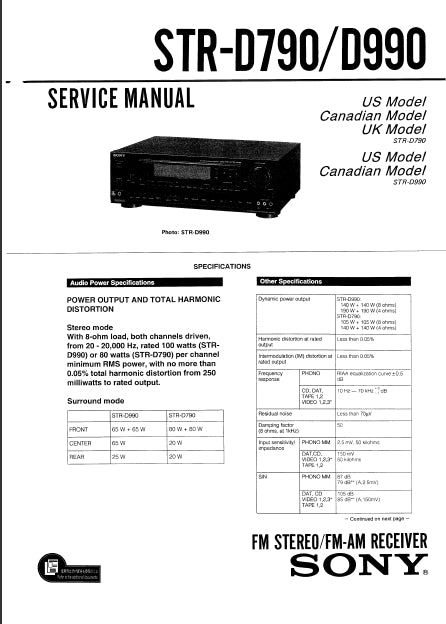 SONY STR-D790 STR-D990 SERVICE MANUAL IN ENGLISH FM STEREO FM AM RECEIVER