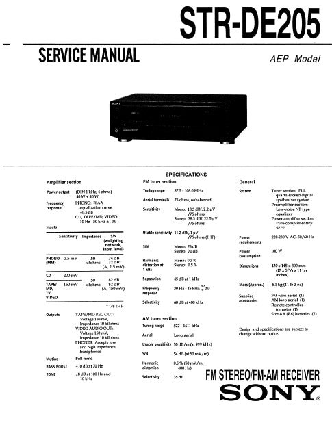 SONY STR-DE205 SERVICE MANUAL IN ENGLISH FM STEREO FM AM RECEIVER