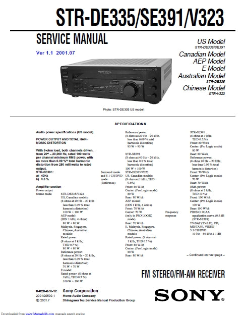 SONY STR-DE335 STR-SE391 STR-V323 SERVICE MANUAL IN ENGLISH FM STEREO FM AM RECEIVER