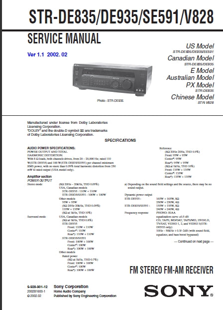 SONY STR-DE835 STR-DE935 STR-SE591 STR-V828 SERVICE MANUAL IN ENGLISH FM STEREO FM AM RECEIVER0