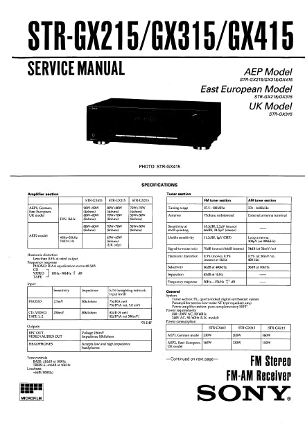 SONY STR-GX215 STR-GX315 STR-GX415 SERVICE MANUAL IN ENGLISH FM STEREO FM AM RECEIVER