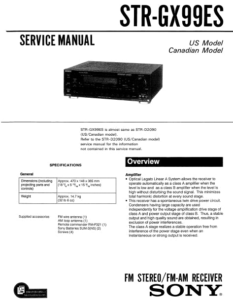 SONY STR-GX99ES SERVICE MANUAL IN ENGLISH FM STEREO FM AM RECEIVER