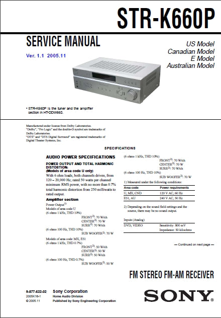 SONY STR-K660P SERVICE MANUAL IN ENGLISH FM STEREO FM AM RECEIVER