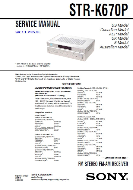 SONY STR-K670P SERVICE MANUAL IN ENGLISH FM STEREO FM AM RECEIVER