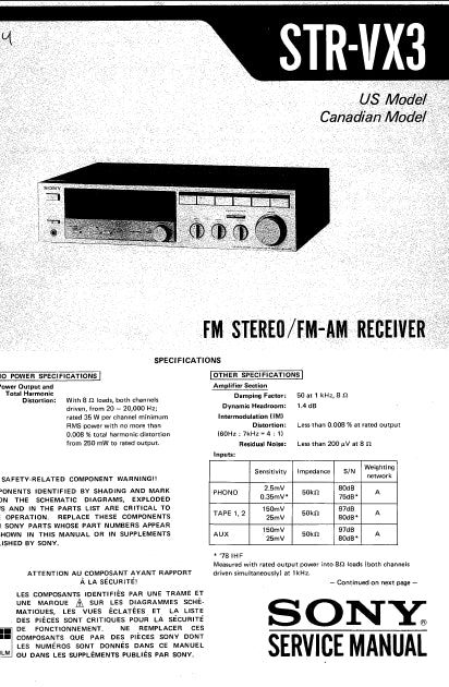 SONY STR-VX3 SERVICE MANUAL IN ENGLISH FM STEREO FM AM RECEIVER