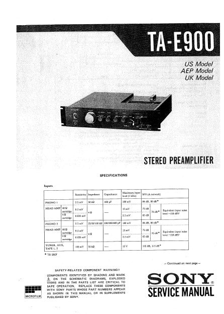 SONY TA-E900 SERVICE MANUAL BOOK ENGLISH STEREO PREAMPLIFIER