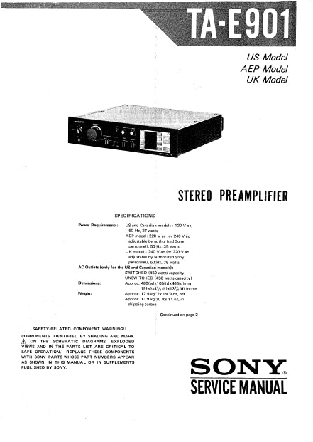 SONY TA-E901 SERVICE MANUAL BOOK ENGLISH STEREO PREAMPLIFIER