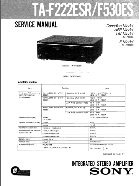 SONY TA-F222ESR TA-F530ES SERVICE MANUAL ENGLISH INTEGRATED STEREO AMPLIFIER