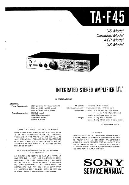 SONY TA-F45 SERVICE MANUAL ENGLISH INTEGRATED STEREO AMPLIFIER