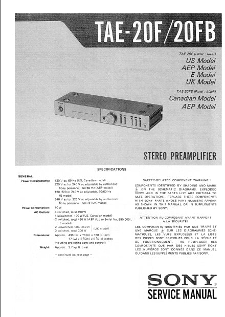 SONY TAE-20F TAE-20FB SERVICE MANUAL ENGLISH STEREO PREAMPLIFIER