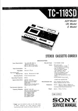 Load image into Gallery viewer, SONY TC-118SD SERVICE MANUAL IN ENGLISH STEREO CASSETTE-CORDER
