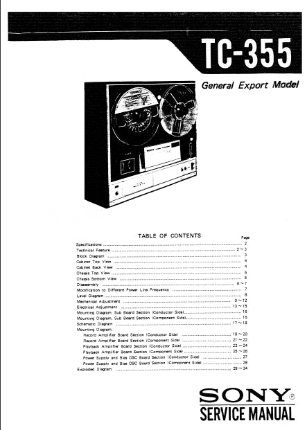 SONY TC-355 SERVICE MANUAL IN ENGLISH 4 TRACK STEREO REEL TO REEL TAPECORDER