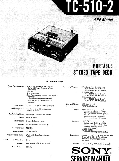 SONY TC-510-2 SERVICE MANUAL IN ENGLISH PORTABLE STEREO TAPE DECK