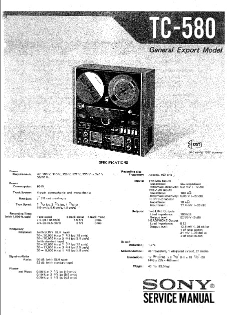 SONY TC-580 SERVICE MANUAL IN ENGLISH 4 TRACK STEREO TAPE DECK