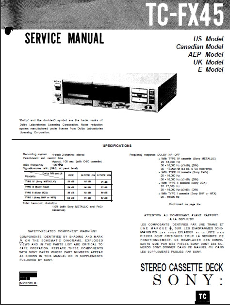 SONY TC-FX45 SERVICE MANUAL IN ENGLISH STEREO CASSETTE DECK