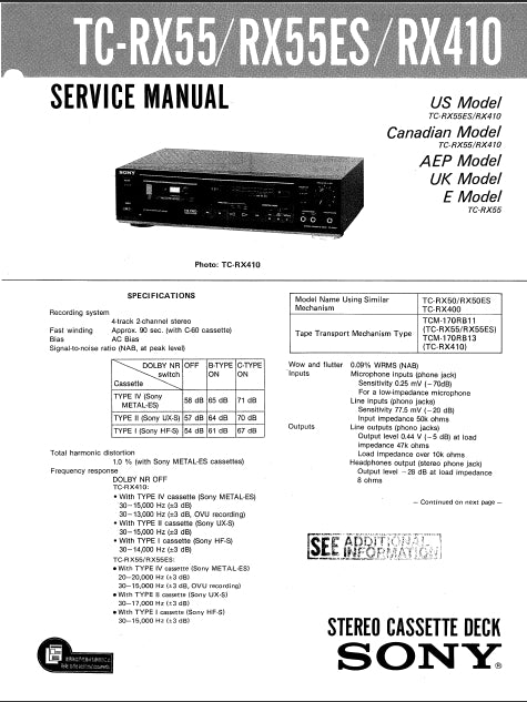 SONY TC-RX55 TC-RX55ES TC-RX410 SERVICE MANUAL IN ENGLISH STEREO CASSETTE DECK