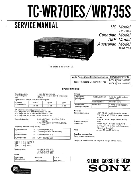 SONY TC-WR701ES TC-WR735ES SERVICE MANUAL IN ENGLISH STEREO CASSETTE DECK