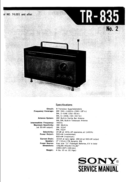 SONY TR-835 SERVICE MANUAL IN ENGLISH MW SW 2 BAND RECEIVER