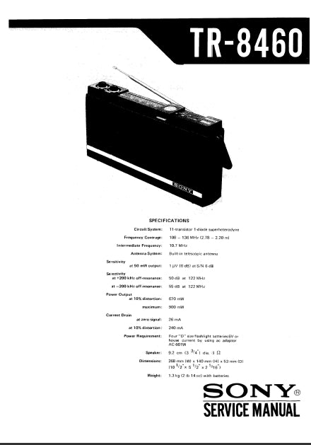 SONY TR-8460 SERVICE MANUAL IN ENGLISH RADIO RECEIVER