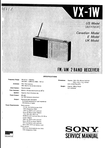 SONY VX-1W SERVICE MANUAL IN ENGLISH FM AM 2 BAND RECEIVER