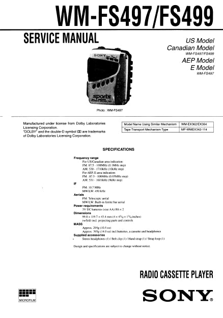 SONY WM-FS497 WM-FS499 SERVICE MANUAL ENGLISH RADIO CASSETTE PLAYER