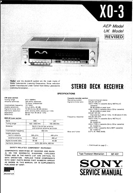 SONY X0-3 SERVICE MANUAL IN ENGLISH STEREO DECK RECEIVER