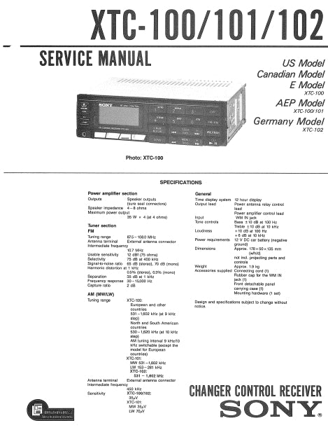 SONY XTC-100 XTC-101 XTC-102 SERVICE MANUAL IN ENGLISH CHANGER CONTROL RECEIVER