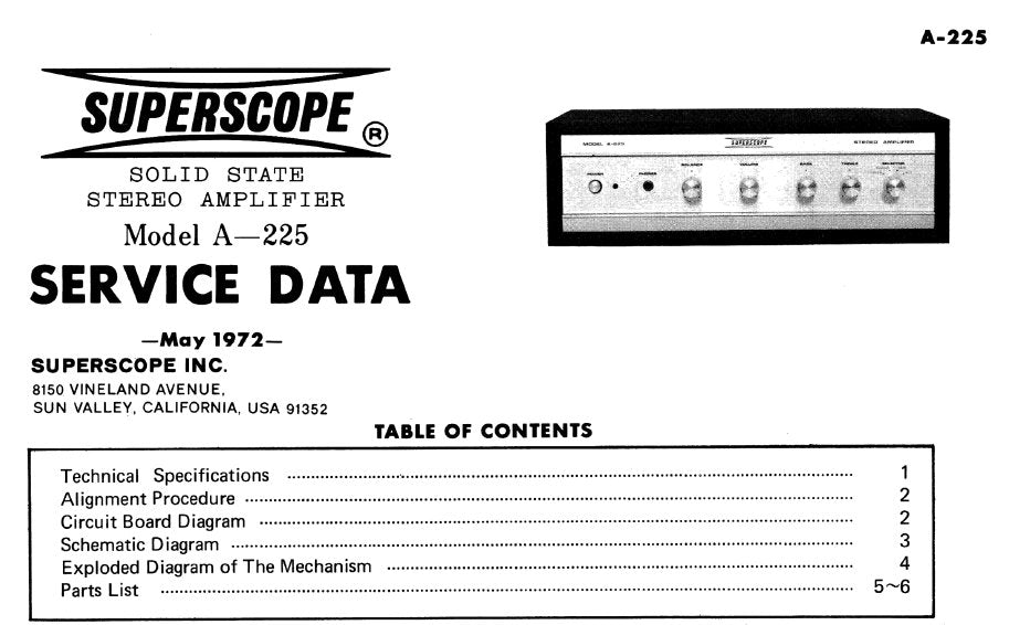 SUPERSCOPE A-225 SOLID STATE STERO AMPLIFIER SERVICE DATA 6 PAGES ENG