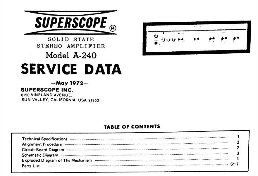 SUPERSCOPE A-240 SOLID STATE STERO AMPLIFIER SERVICE DATA 8 PAGES ENG
