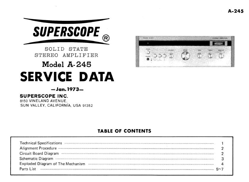 SUPERSCOPE A-245 STERO AMPLIFIER SERVICE DATA 8 PAGES ENG