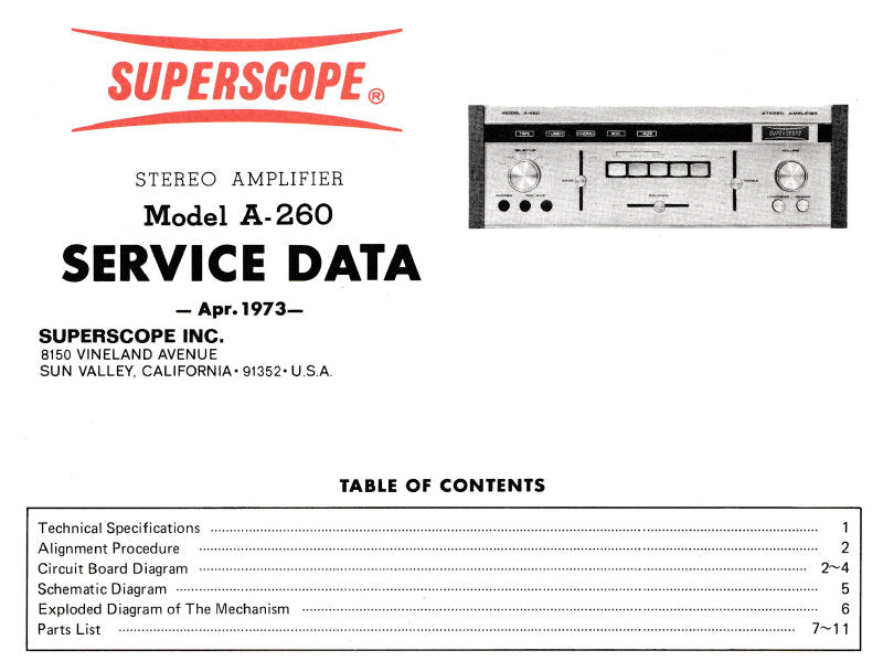 SUPERSCOPE A-260 SERVICE DATA STERO INTEGRATED AMPLIFIER