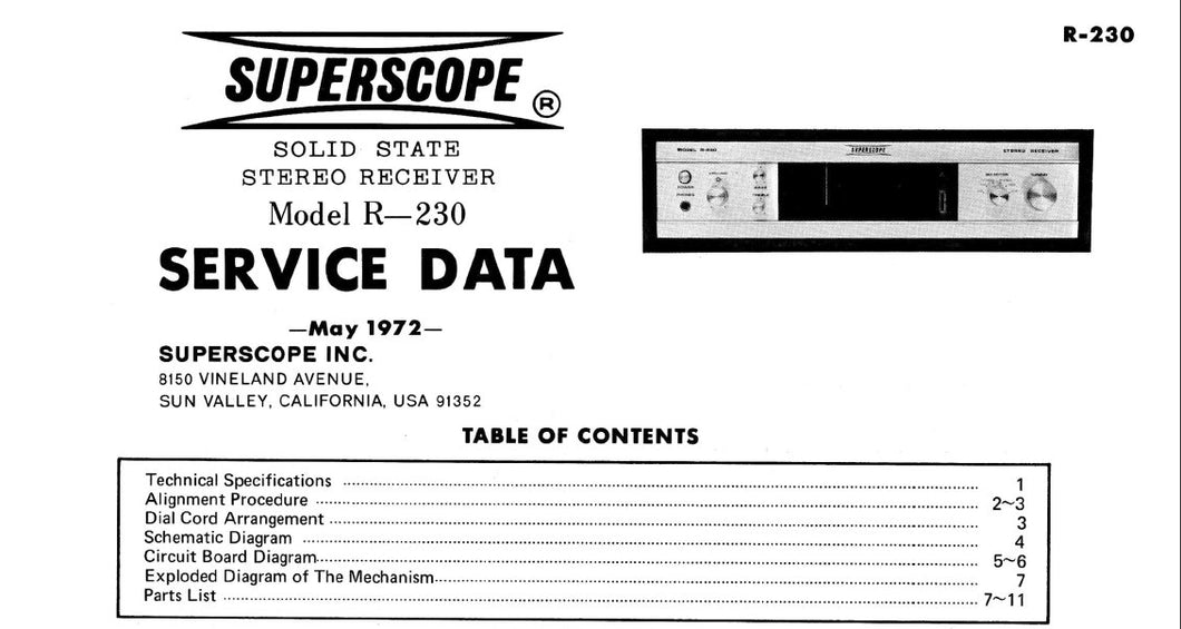 SUPERSCOPE R-230 SERVICE DATA SOLID STATE STEREO RECEIVER